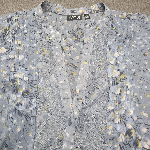 APT 9 Shirt Womens XL Blue Floral Button Front Lace Trim Sheer Blouse Top - Picture 3 of 10